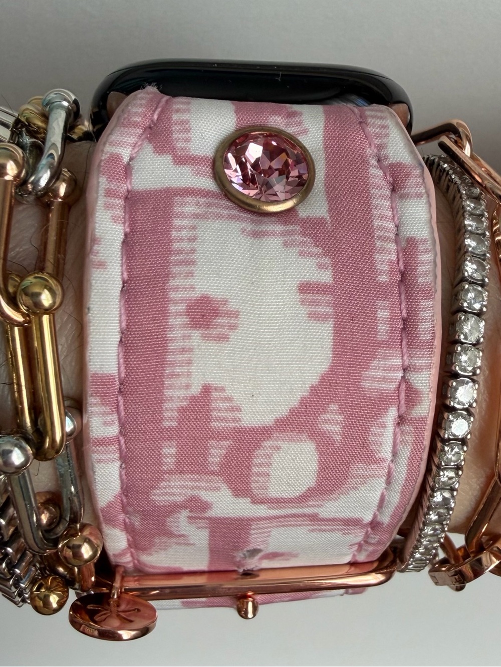 Pink and White Nylon Spark*l Apple Watch Band, Size 2